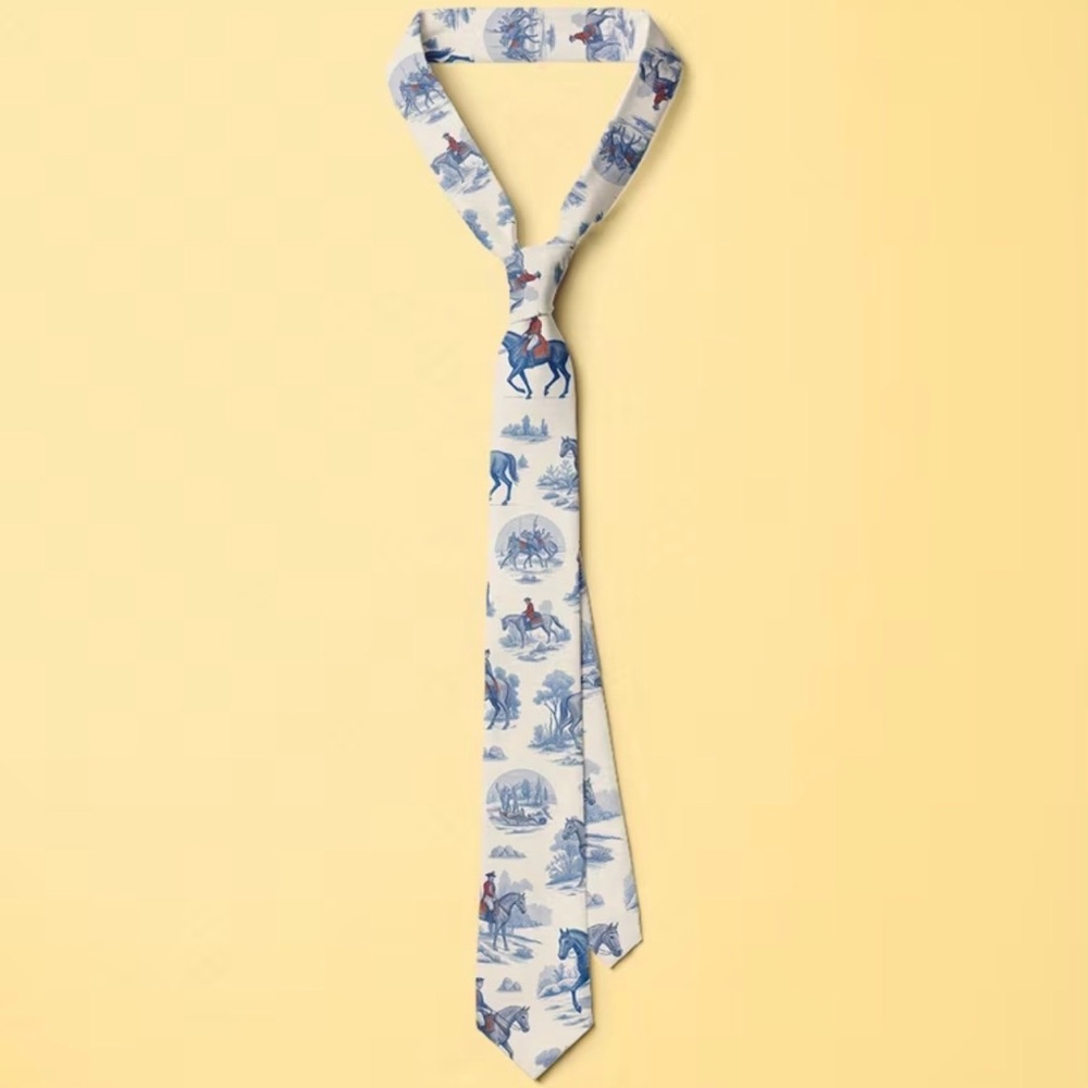 Men's Ivory Tie with Blue Equestrian Motif